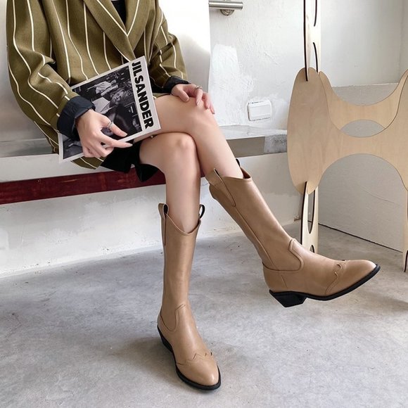 Shoes - Pointed Toe Chunky Heel Boots Vintage Western Cowboy Rider Boots